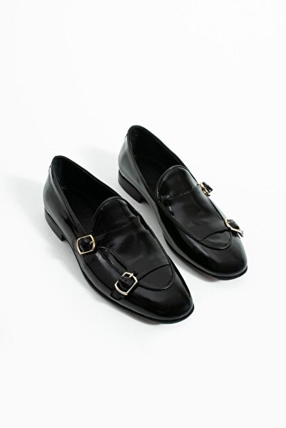 YAREL AYAKKABI Men's Black Double Buckle Patent Leather Casual Shoes