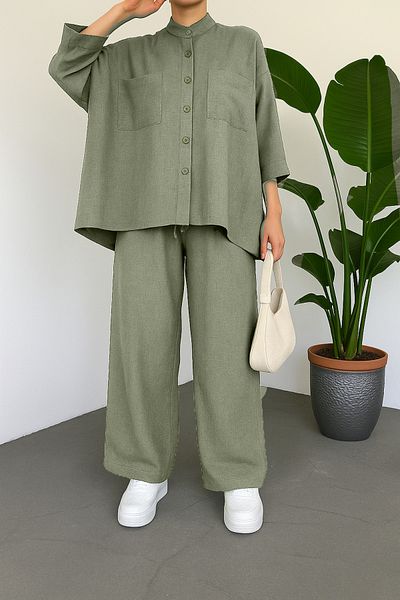 Modamorfo Double Pocket Half Bat Sleeve Casual Shirt Set - Khaki