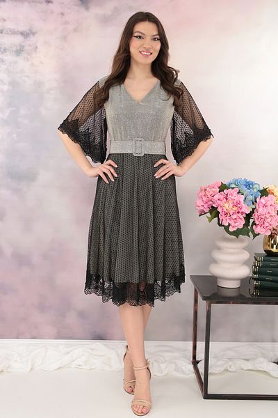 cupper Elegant dress made of gold lurex with black tulle and polka dots