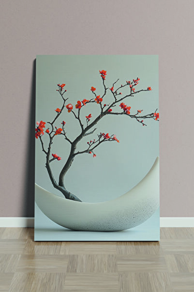 Store Minimalist Tasarımla Yükselen Kırmızı Kiraz Çiçeği 3 Parça Premium Kanvas Tablo