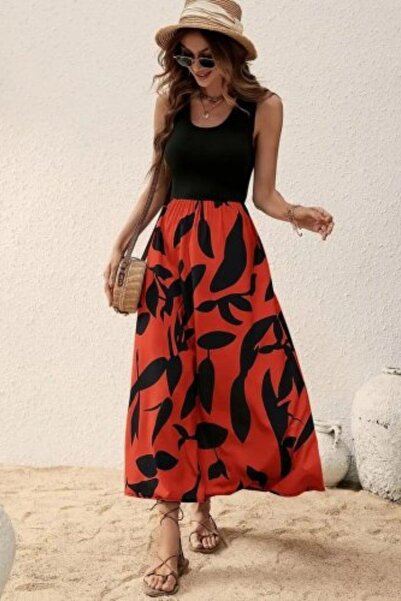 Mossta Sleeveless Patterned Long Single Jersey Dress - Red