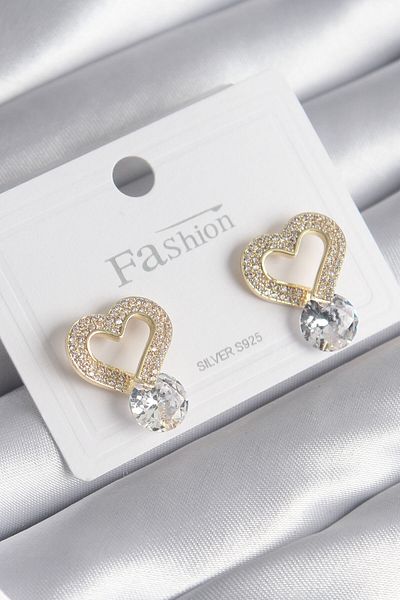 Skygo Brass Gold Color Zircon Stone Heart Model Drop Zircon Stone Detail Women's Earrings - TJ-BKP8533