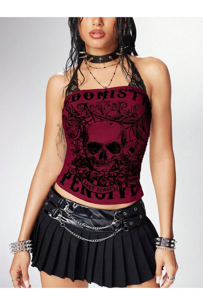 Violon Grunge Punk Kırmızı Punk Skeleton Kafatası Baskılı Kontrast Dantel Kol...