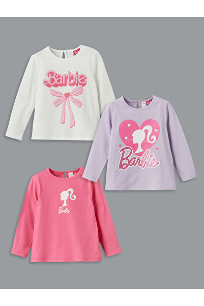 LC Waikiki LCW WAİKİKİ Kids Ekru Bisiklet Yaka Baskılı Kız Çocuk Tişört 3'lü