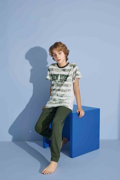 Tarık Boy's New York T-Shirt Long Bottom Combed Single Jersey Crew Neck Medium Thick Pajama Set-4004