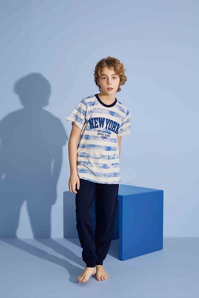 Tarık Boy's New York T-Shirt Long Bottom Combed Single Jersey Crew Neck Medium Thick Pajama Set-4004