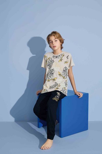 Tarık Male Child Tiger T-Shirt Long Bottom Combed Single Jersey Crew Neck Medium Thick Pajamas Set-3973