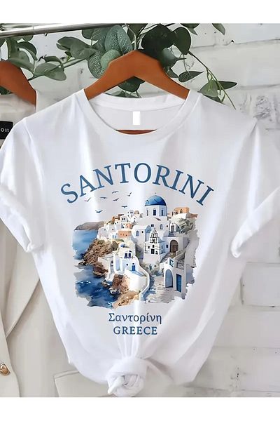 PALPİTO Tricou oversize cu imprimeu alb Santorini de damă