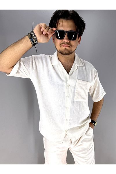 MARESHAL Mesh Woven and Jacquard Pocket Short Sleeve Shirt (Beige)