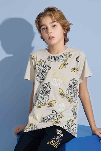 Tarık Male Child Tiger T-Shirt Long Bottom Combed Single Jersey Crew Neck Medium Thick Pajamas Set-3973