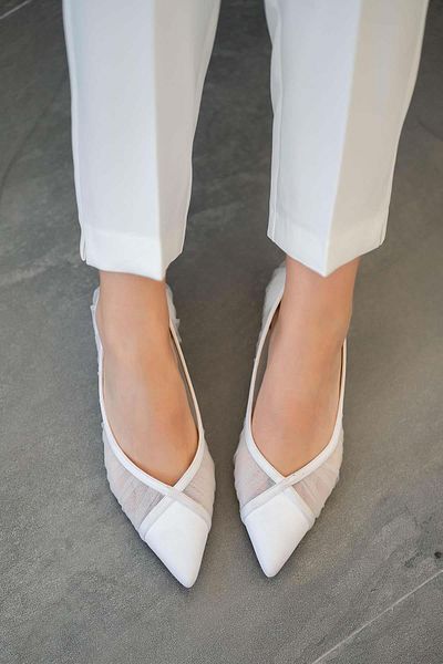 Parponi Bürüksel Mesh Detailed Satin Pointed Ballerinas White