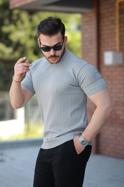 gelirr Men's Crew Neck Knit Patterned Short Knitted Knitwear Short Sleeve T-Shirt