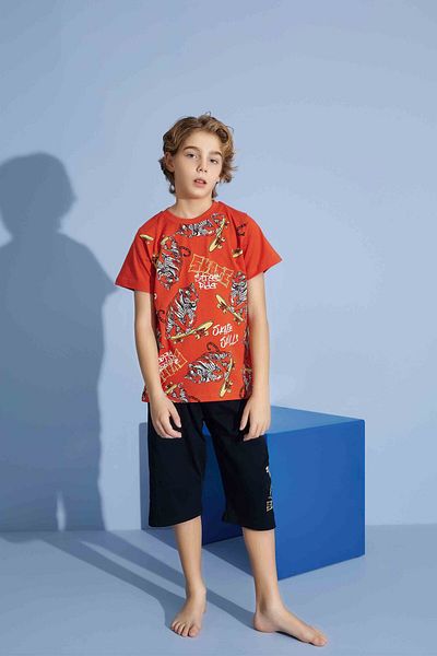 Tarık Male Child Tiger T-Shirt Bermuda Bottom Combed Single Jersey Crew Neck Medium Thick Pajamas Set-3975