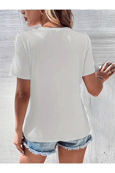 REKA MODA Women's Short Sleeve V-Neck Stripe Detail Viscose Blouse