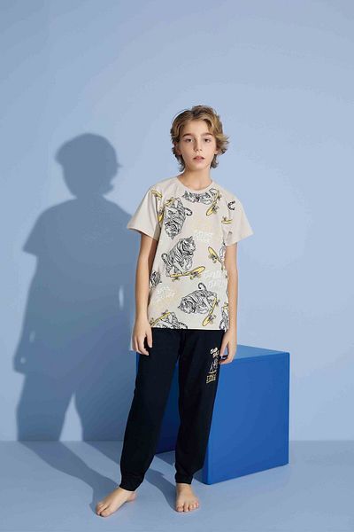 Tarık Male Child Tiger T-Shirt Long Bottom Combed Single Jersey Crew Neck Medium Thick Pajamas Set-3973