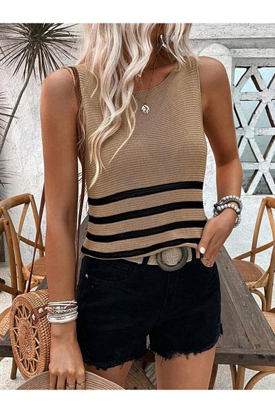 modaserdem Women's Zero Sleeve Round Neck Stripe Detail Knitwear Blouse
