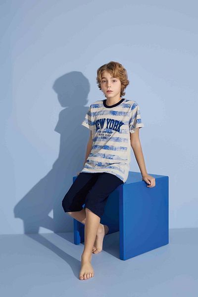 Tarık Boy's New York T-Shirt Bermuda Bottom Combed Single Jersey Crew Neck Medium Thick Pajama Set