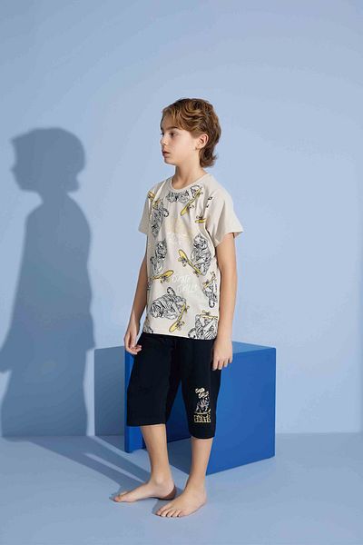 Tarık Male Child Tiger T-Shirt Bermuda Bottom Combed Single Jersey Crew Neck Medium Thick Pajamas Set-3975