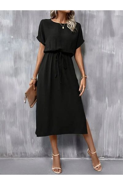 modaserdem Women's short sleeve open collar waist tie-up Slit viscose dress