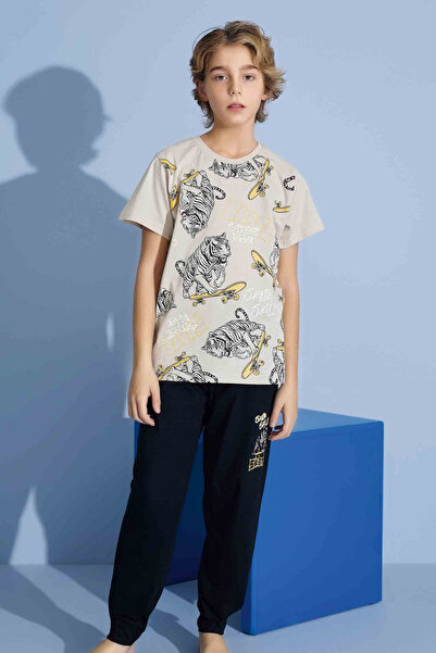 Tarık Male Child Tiger T-Shirt Long Bottom Combed Single Jersey Crew Neck Medium Thick Pajamas Set-3973