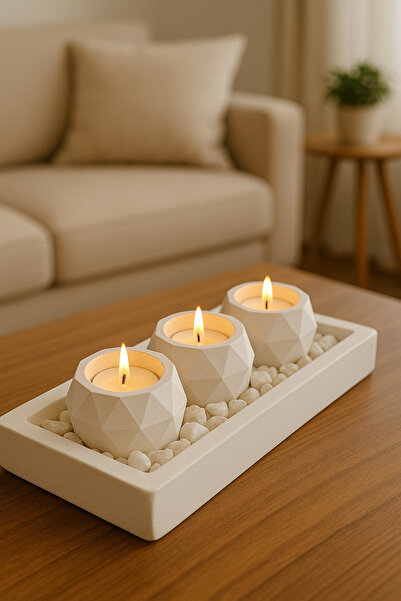aymumi home Tabaklı Beton Mumluk Ve Tealight Mumluk Hediyelik Dekorasyon Seti.(TEALİGHT MUM.DAHİL DEĞİLDİR)