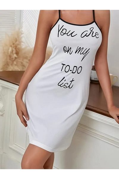 modaserdem Women's Sleeveless Strap Back cross Detail To Do List Print Single Jersey Nightgown Dress