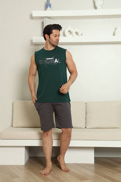 dealp Men's Khaki 100% Cotton Printed Tank Top Shorts Sleeveless Pocket Summer Pajama Set