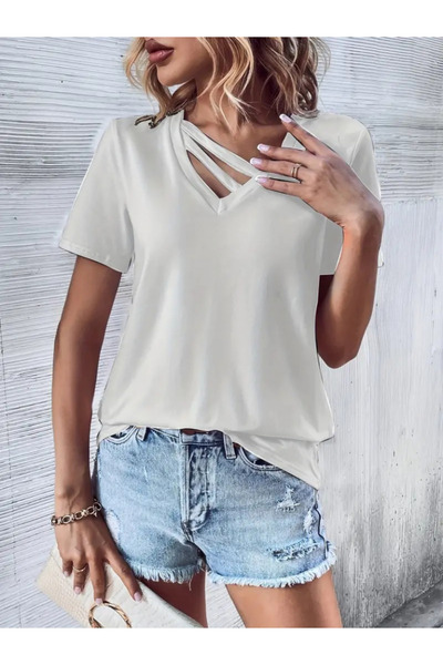 Viyamo Women's Short Sleeve V-Neck Stripe Detail Viscose Blouse