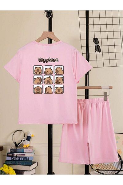 Afternoon Kids Girl's Pink Color''Floating Capybara'' Printed Sweet Comfortable Tshirt-Shorts Set
