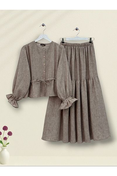 Modamorfo Buttoned Front, Elastic Sleeves, Tunnel Laced Linen Suit - Mink