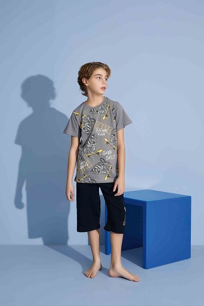 Tarık Male Child Tiger T-Shirt Bermuda Bottom Combed Single Jersey Crew Neck Medium Thick Pajamas Set-3975