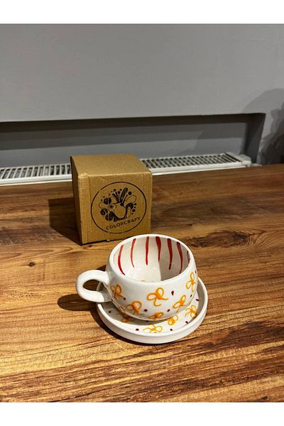 ColorCraft Yellow Bow Patterned Plate Ceramic Mug, Mug, Double Turkish Coffee Filter Coffee