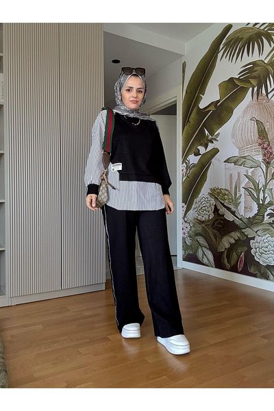 Aselim Hijap Moda Modal υφασμάτινο πουκάμισο με λεπτομέρεια Hijab διπλό σετ - Άνετο μαύρο συνδυασμό