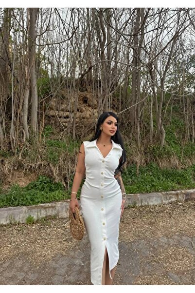 aytenli Shirt Collar Zero Sleeve,Gold Button Lightweight Camisole Midi Length Dress