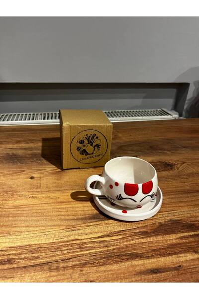 ColorCraft Cat Patterned Ceramic Mug with Plate, Mug, Double Turkish Coffee Filter Coffee