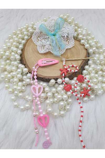 HAPPY HANDMADE Set of 3 Hair Clips/Hair Beads/Blue/Pink/Red/Children's Hair C...