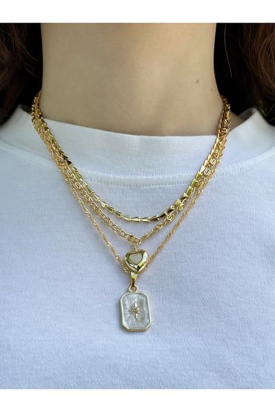 Eylülün Takısı Women's Gold Color 3 Pieces Enamel Heart Chain Necklace Set