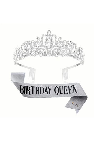 Store Silver Colored Stone Crown and "Birthday Queen" Written Sash Birthday Set