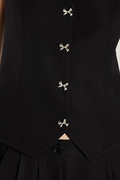 Tudors Women's Standard Fit Zero Sleeve Double Breasted Collar Button Black Vest Pants Suit