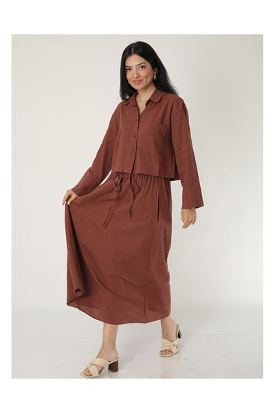 DEQ FASHION Women's Cream Linen Oversize Shirt Skirt Double Set