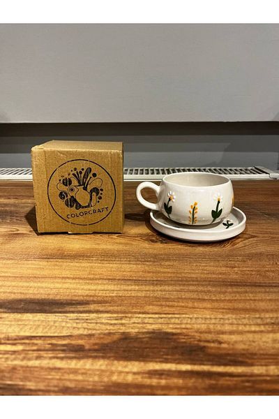 ColorCraft Branch Daisy Patterned Plate Ceramic Mug, Mug, Double Turkish Coffee Filter Coffee