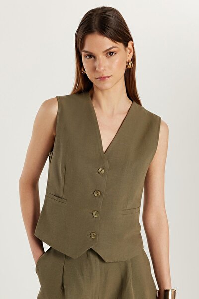 Tudors Women's Regular Fit Classic Cut Zero Sleeve Double Breasted Collar Buttoned Khaki Vest Shorts Set