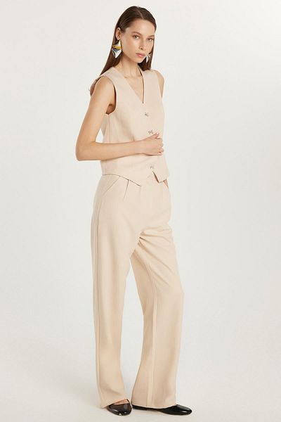 Tudors Women's Standard Fit Zero Sleeve Double Breasted Collar Buttoned Beige Vest Pants Suit