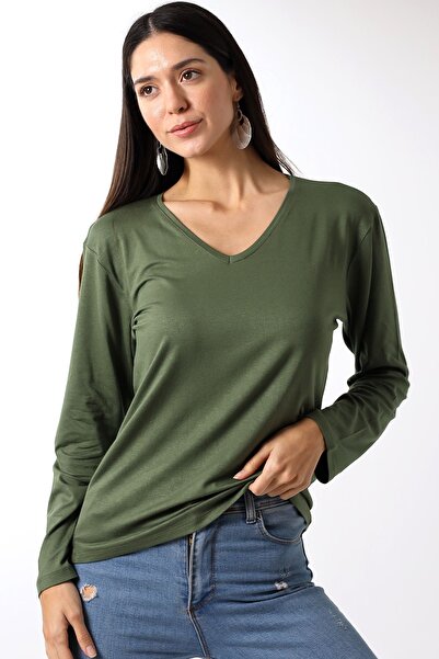 Devinka Tricou de damă cu decolteu în V oversize Basic cu mânecă lungă Kaki