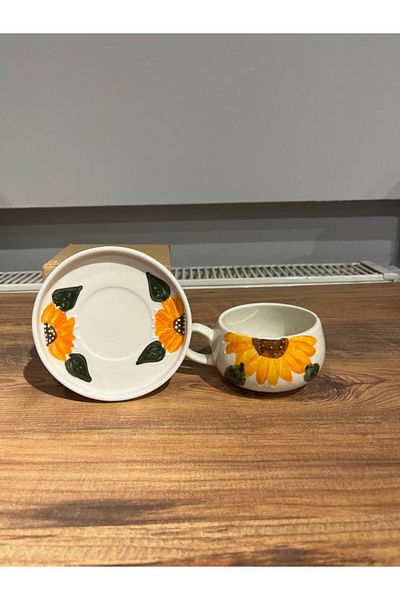 ColorCraft Yellow Flower Patterned Ceramic Mug with Plate, Mug, Double Turkish Coffee Filter Coffee