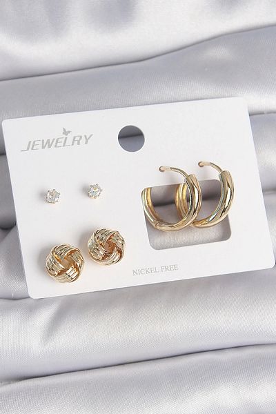 adshome Brass Gold Color Zircon Stone Hoop Model Auger Detail 3 Pair Women's Earring Set