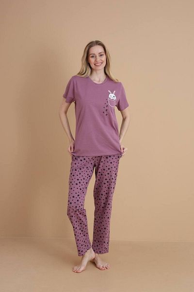 dealp Women's Lilac 100% Cotton Printed Short Sleeve Pocket Summer Pajama Set