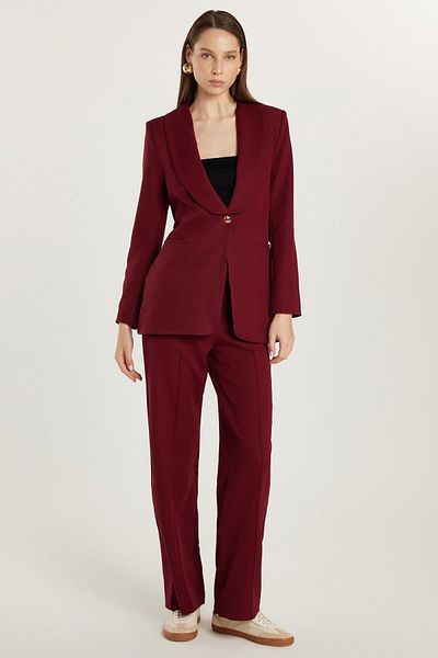 Tudors Women's Standard Fit Long Sleeve Double Breasted Lapel Button Burgundy Jacket Pants Suit