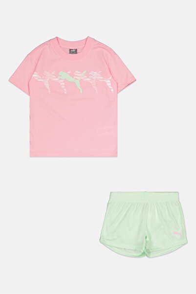 Puma Kids Girl 2 Pieces Sportswear Fit Brand Logo Top And Bottom Set, Pink/Mint Green