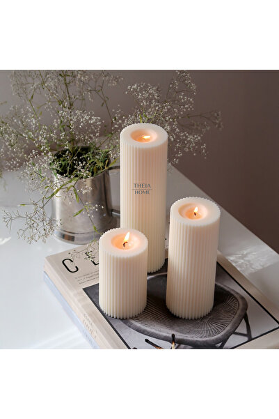 THEIA HOME 3'lü Sütun Model Vegan ve Vanilya Kokulu Doğal Renk Soya Mum